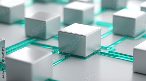 A white cube surrounded by vibrant green squares symbolizing innovative concepts in decentralized finance systems