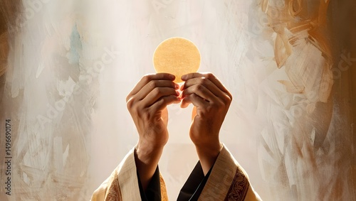 A priest's hands reverently hold a consecrated host, emanating a serene glow, representing a spiritual moment. It is a photorealistic capturing of the sacred communion ritual.