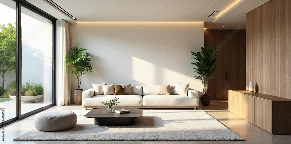 Fototapeta premium A modern, minimalist living room designed by an architect and interior designer Clean lines, natural light, and sophisticated furnishings create a serene atmosphere , serene, lighting
