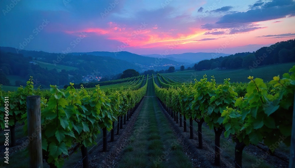 Naklejka premium A serene vineyard at twilight, bathed in the soft blue hues of dusk Rolling hills, grapevines, and a tranquil atmosphere Perfect for wine labels, websites, or travel brochures , wine, serene