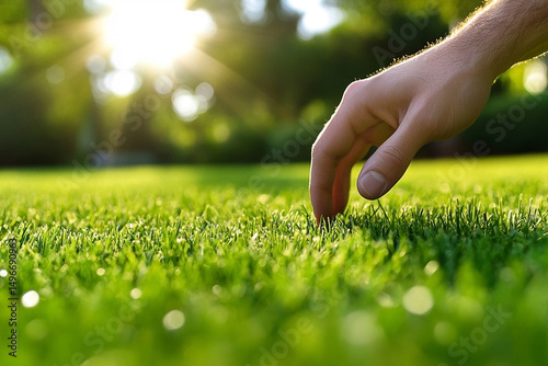 Human hand delicately touches green grass under radiant sun light in park
