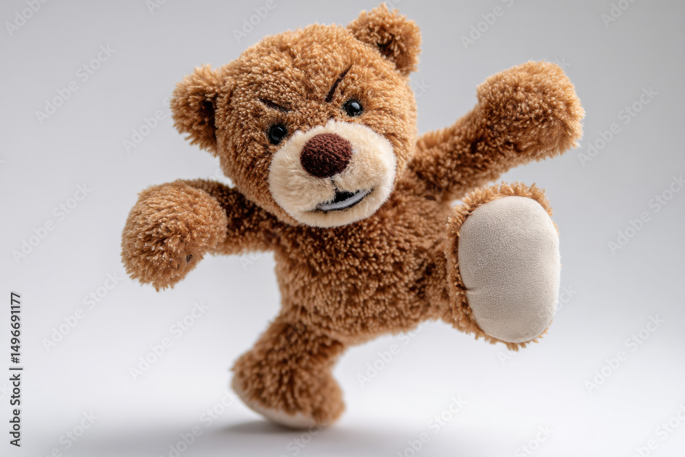 Obraz premium brown stuffed bear with behavior kicking on white Background