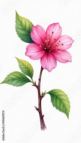 Single watercolor cherry blossom with leaf, isolated , artistic, graphic