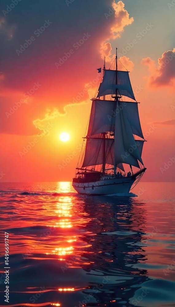 Fototapeta premium A majestic sailing ship glides gracefully across a calm ocean under a vibrant sunset, its sails billowing in the gentle breeze, a picturesque scene of nautical beauty , yellow, gorgeous, sky