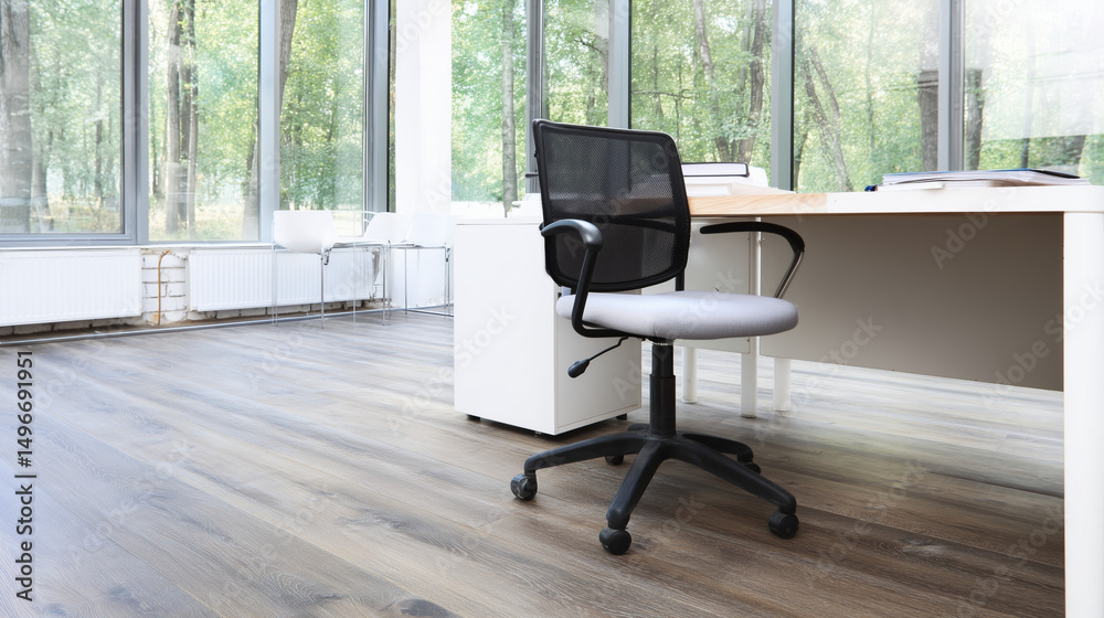 Fototapeta premium Minimalist office space with a sleek chair, bathed in daylight. Elegance and simplicity in modern workspace design.