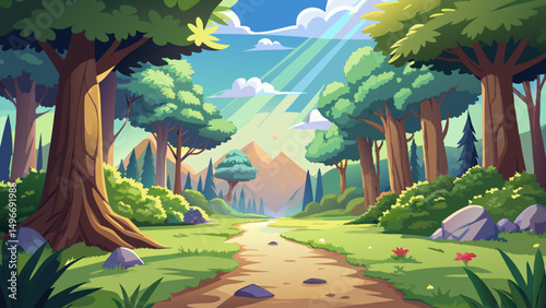 Sunlit Forest Path. A Serene Nature Trail and Mountain View