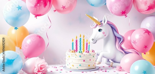 Pastel watercolor unicorn birthday scene with balloons & cake, tail, happy
