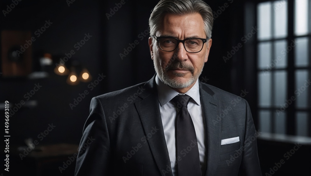 Fototapeta premium Mature businessman captured against a sleek black backdrop inside an industrial loft space.