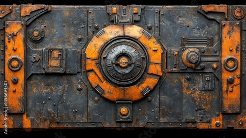 Rusty metal panel with circular detail. Orange accents highlight bolted and riveted connections; industrial texture