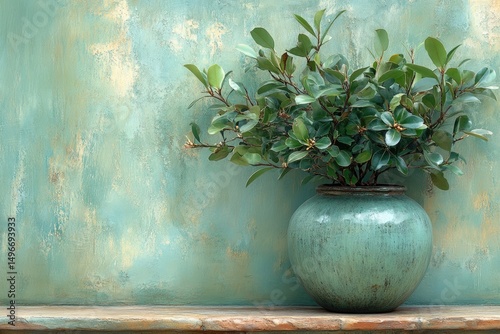 Vase with green plant on shelf against light blue wall, textured surface, serene, and minimalist