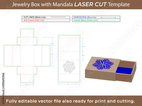 Jewelry Box with Mandala Laser cut and Dieline Template