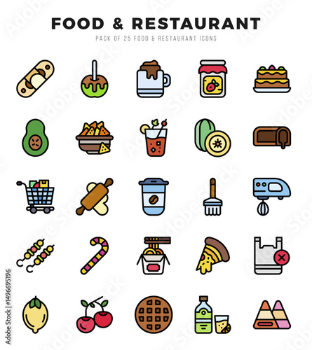 Food and Restaurant Lineal Color icons collection. 25 icon set in a Lineal Color design.