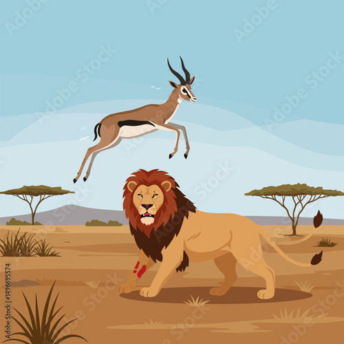 Gazelle Leaping Away From Lion in African Savannah Illustration