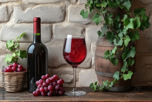 Still life with red wine, grapes, leaves, barrel on a wooden shelf against a textured stone wall