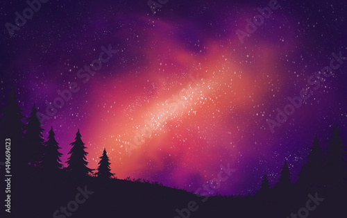 Galaxy background for computer, relaxing universe landscape and starry night sky digital illustration for desktop wallpaper, hand drawn