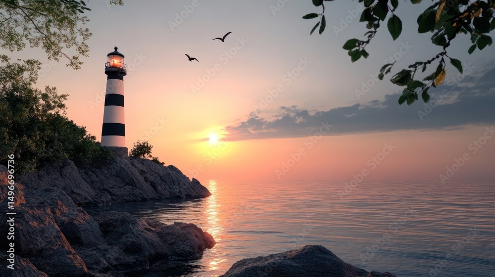 Fototapeta premium Coastal lighthouse sunset, birds flying, tranquil ocean, hope