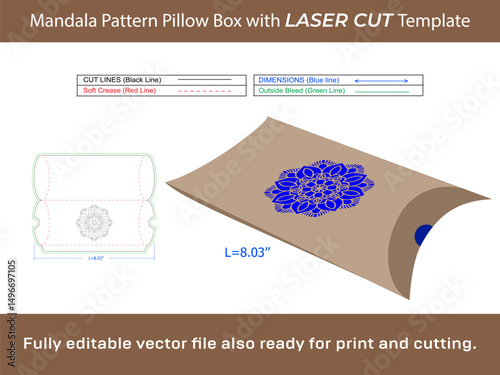 Pillow Box with Mandala Pattern laser cut and Dieline Template