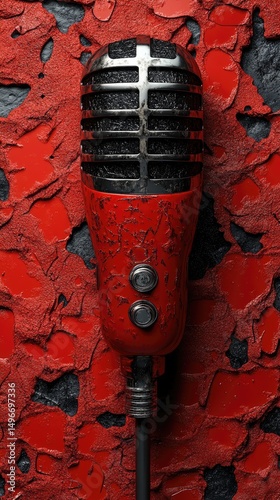 Red vintage microphone on textured crimson and gray background