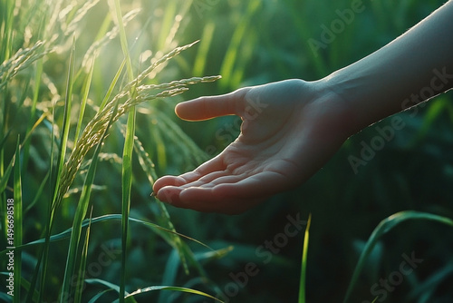 Gentle touch, connecting with nature, hand caressing a lush green paddy field