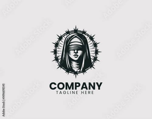 Blindfolded Nun with Barbed Wire Halo Illustration Vector Logo Design