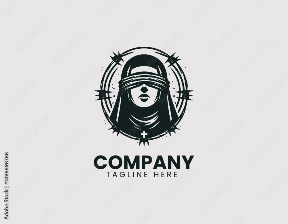 Obraz premium Blindfolded Nun with Barbed Wire Halo Illustration Vector Logo Design