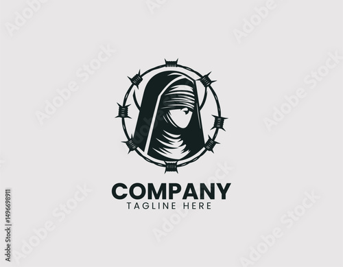 Blindfolded Nun with Barbed Wire Halo Illustration Vector Logo Design