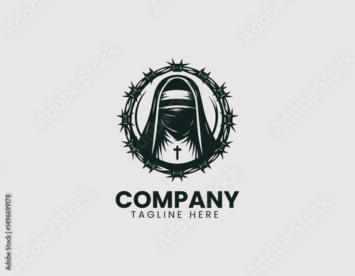 Blindfolded Nun with Barbed Wire Halo Illustration Vector Logo Design