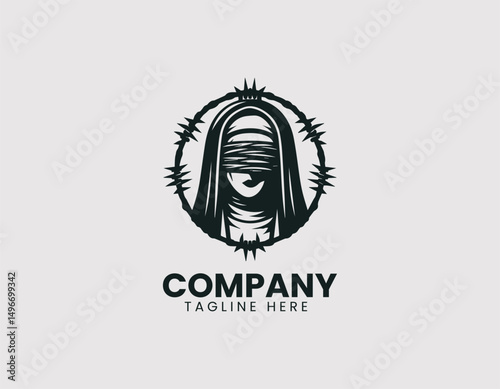 Blindfolded Nun with Barbed Wire Halo Illustration Vector Logo Design