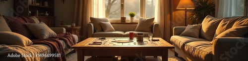 Cozy family living room scene, warm lighting, board games on table, soft blankets and pillows scattered around Perfect for home, family, comfort, togetherness themes , night, room