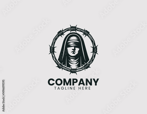 Blindfolded Nun with Barbed Wire Halo Illustration Vector Logo Design