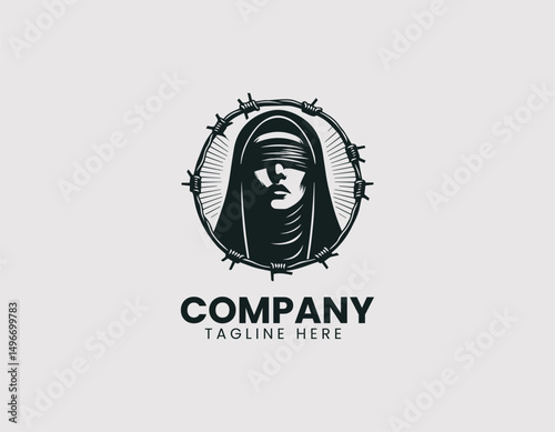 Blindfolded Nun with Barbed Wire Halo Illustration Vector Logo Design