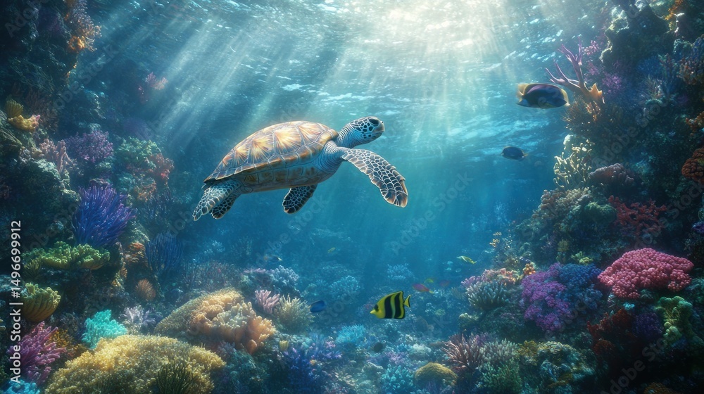 Fototapeta premium Sea turtle in vibrant coral reef