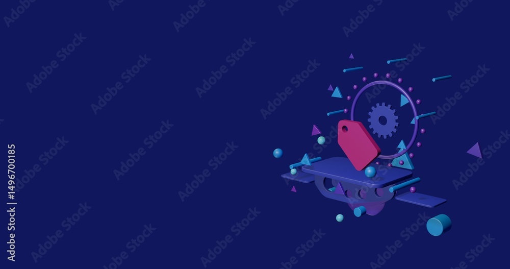 Naklejka premium Pink discount label symbol on a pedestal of abstract geometric shapes floating in the air. Abstract concept art with flying shapes on the right. 3d illustration on indigo background