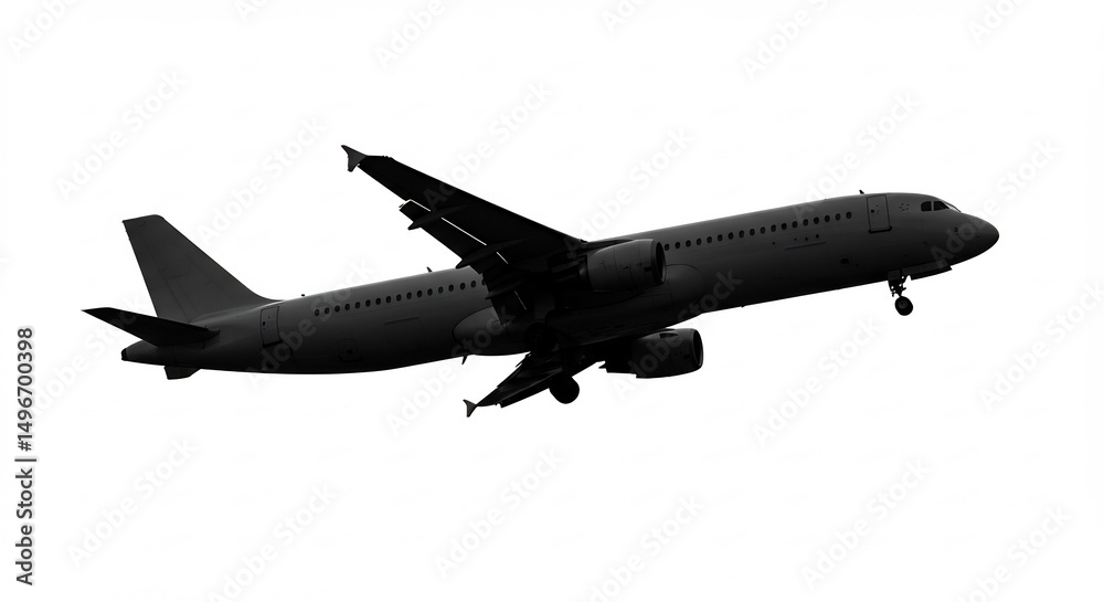 Obraz premium 滑走路降下する黒い旅客機シルエット 鮮明なコントラスト. AI Generated