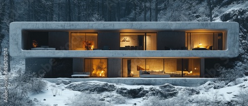 Modern, two-story home in a winter setting. Cozy warm lights through large windows. Snow-covered foliage below