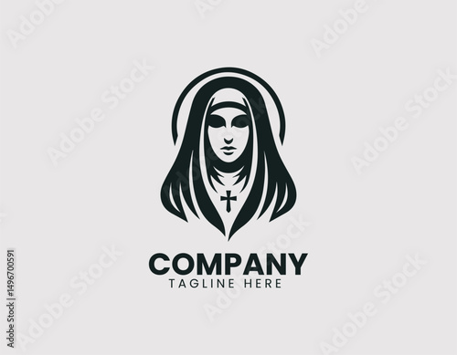 Serene Nun Illustration Vector Logo Design, Peaceful Religious Nun Figure Vector Logo, Devout Nun Silhouette Minimalist Vector Logo