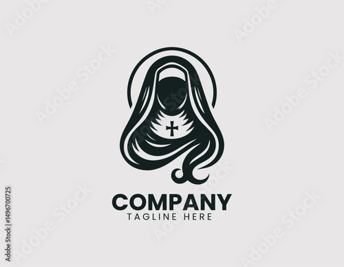 Serene Nun Illustration Vector Logo Design, Peaceful Religious Nun Figure Vector Logo, Devout Nun Silhouette Minimalist Vector Logo