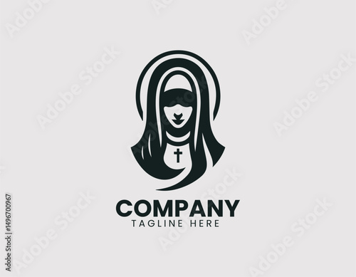 Serene Nun Illustration Vector Logo Design, Peaceful Religious Nun Figure Vector Logo, Devout Nun Silhouette Minimalist Vector Logo