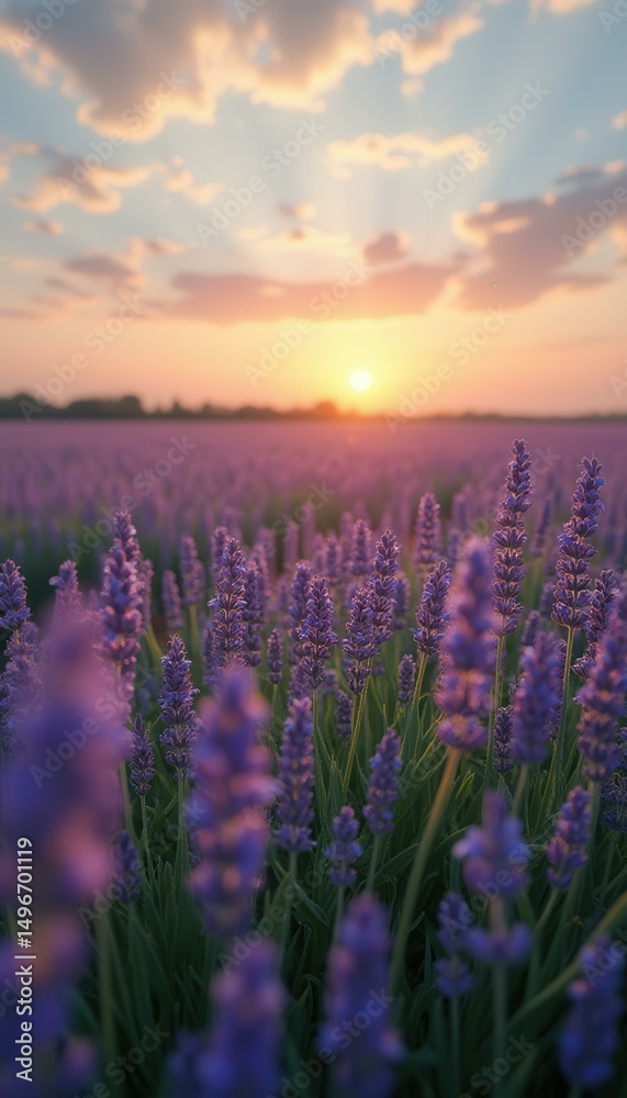Naklejka premium Lavender field blooms under pastel sky at sunset, showcasing purple flowers and serene atmosphere