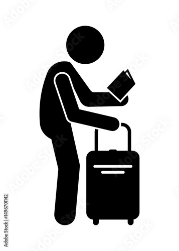 Stick figure stickman icon, human silhouette with suitcase and book. businessman or tourist.