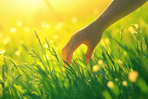 The delicate touch of a hand caressing grass bathed in the golden light