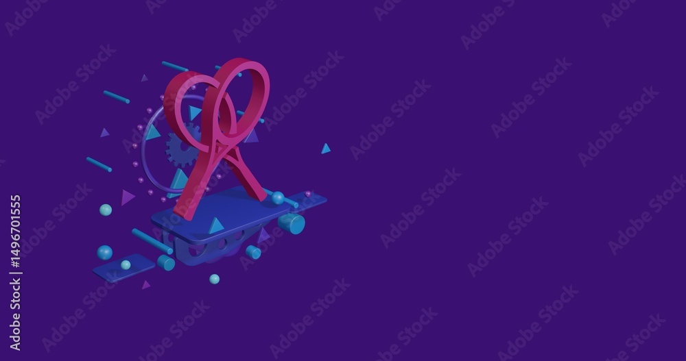 Fototapeta premium Pink crossed tennis rackets symbol on a pedestal of abstract geometric shapes floating in the air. Abstract concept art with flying shapes on the left. 3d illustration on deep purple background