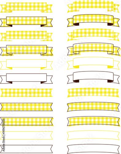 A simple ribbon frameset with a gingham check ornament and decoration yellow / シンプルなリボンフレームセット ギンガムチェック 飾り 装飾 枠 バナー デザイン 黄色 イエロー
