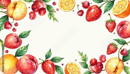 Vintage style watercolor fruit pattern Peach, berries, citrus slices, foliage , red, repeat