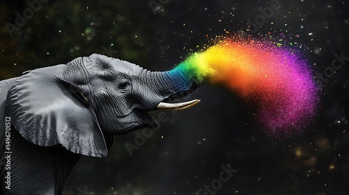 Wild elephant spraying rainbow colored powder colorful dust vibrant magical wildlife nature image