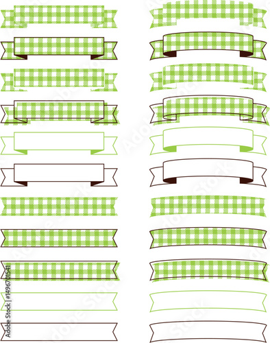 A simple ribbon frameset with a gingham check ornament and decoration yellow green / シンプルなリボンフレームセット ギンガムチェック 飾り 装飾 枠 バナー デザイン 黄緑
