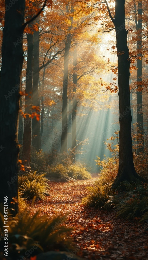 Fototapeta premium Serene Forest Path Bathed in Golden Sunlight During Autumn, Featuring a Carpet of Fallen Leaves and Lush Ferns