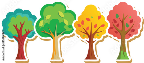 Four Seasons Trees Sticker: Cartoon Illustration of Spring, Summer, Autumn, Winter Trees with Colorful Leaves