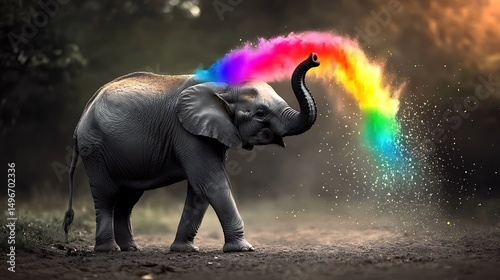 Baby elephant spraying bright rainbow powder colorful dust artistic wildlife nature photography image