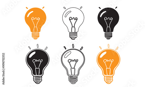 Light Bulb Idea Clipart: Orange, Black & White Vector Icons, Creative Thinking, Innovation, Inspiration Graphic Elements for Design Projects
